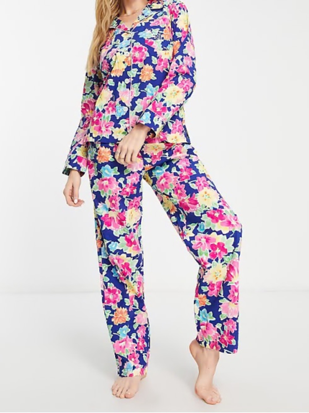 Lauren Ralph Lauren Floral Pajama Set Blue Pink Cotton Blend Sleepwear Medium